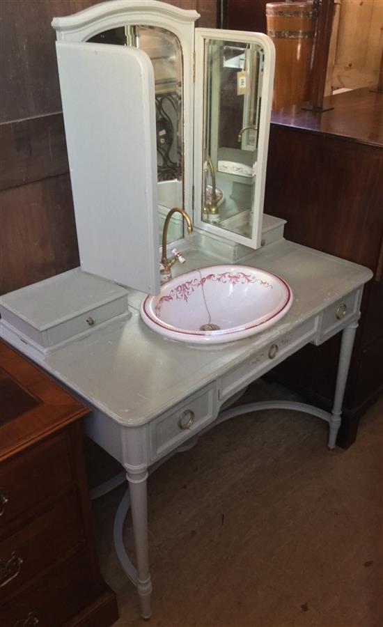 Victorian washstand with triple mirror and painted basin